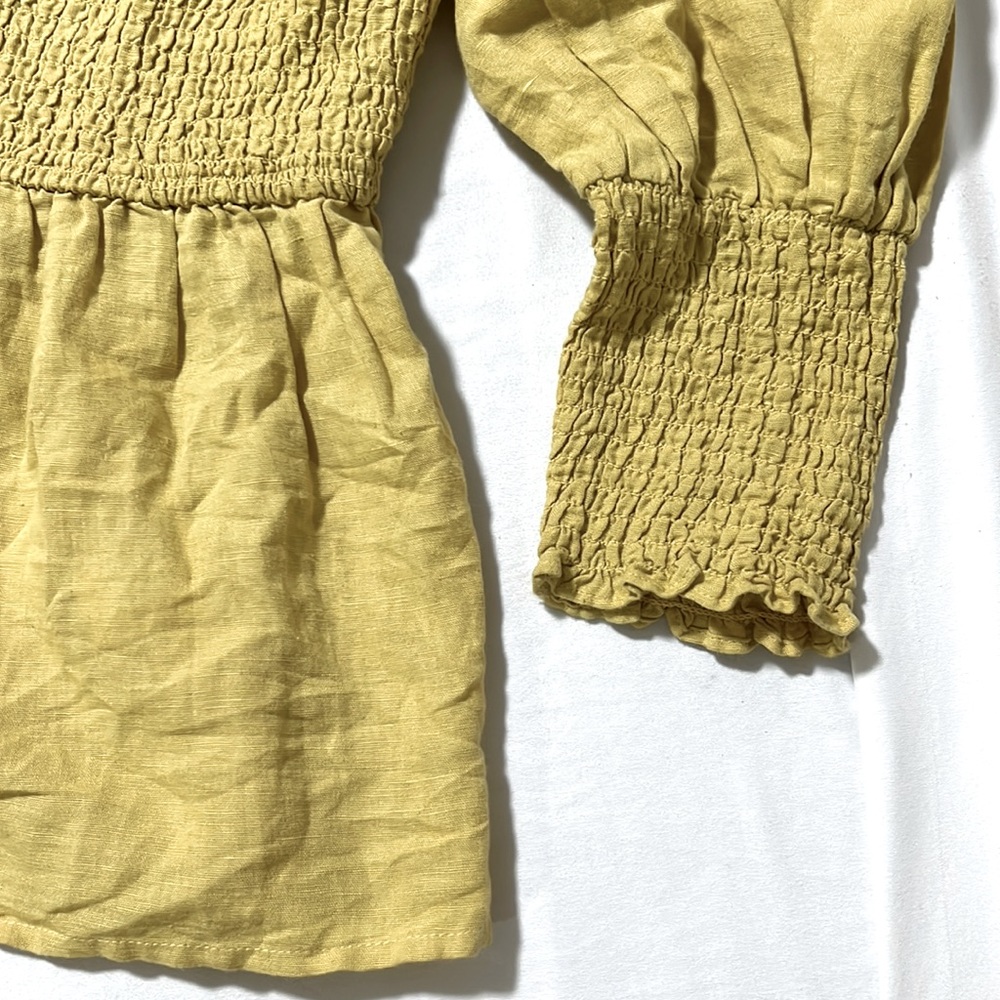 SEED HERITAGE Linen Cotton Puff Sleeve Yellow Pretty Shirred Top Blouse - Picture 7 of 8